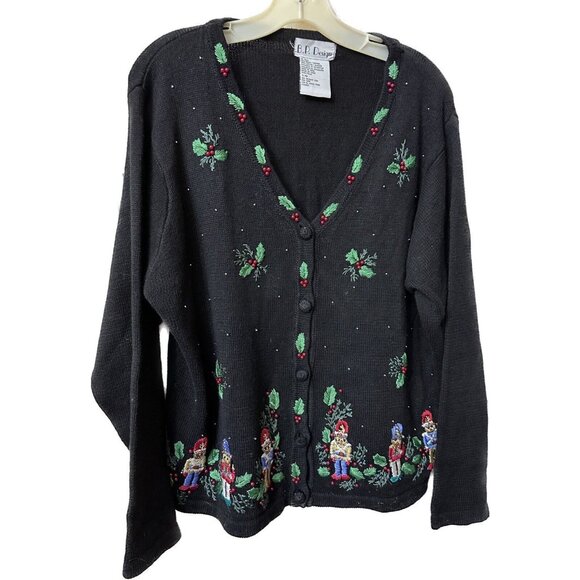 Christmas Sweater Nutcrackers Holly Leaves Black Large B.P. Designs Cardigan - Picture 1 of 1